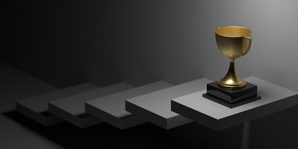 Victory concept: Illuminated 3D realistic golden cup with pedestal on rising steps under spotlight. Round winner Championship trophy. Sports tournament award background with copy space. Appreciate and celebrate Mother's Day or Father's Day. Best Team member trophy. First place.