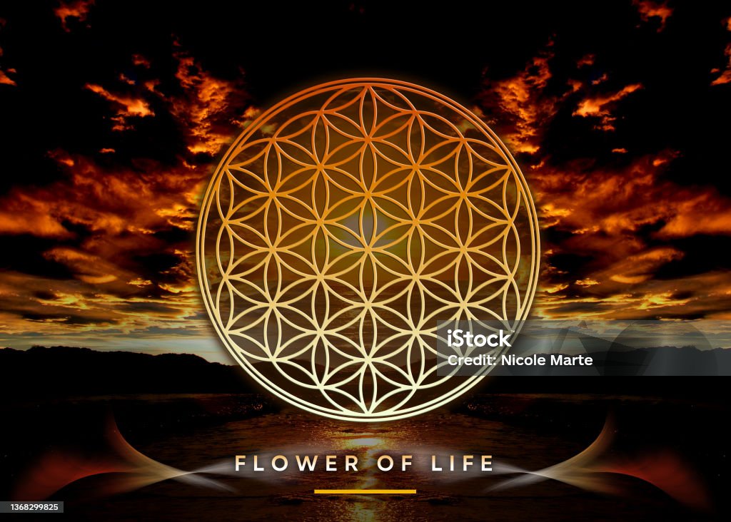 Poster, Wallpaper with Flower Of Life in beautiful, mystical nature landscape (clouds, ocean) This powerful Flower Of Life symbol poster will charge your space with positive energy and healing vibes. Perfect for kinesiology/massage therapists, reiki/energy healers, yoga studios or your meditation space. Lifestyles Stock Photo