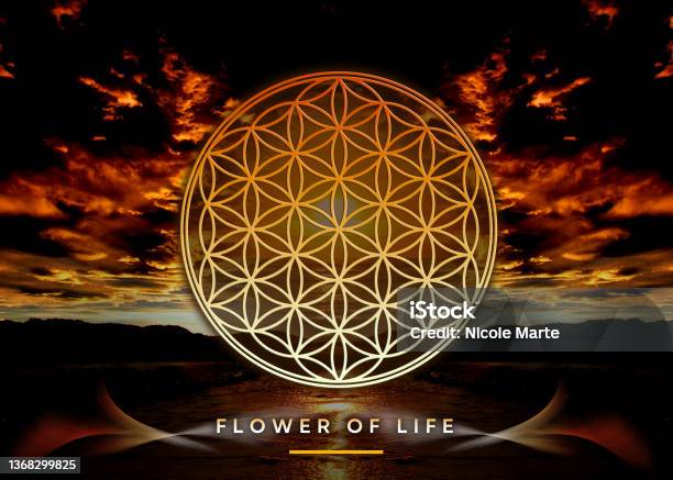 Poster Wallpaper With Flower Of Life In Beautiful Mystical Nature Landscape Stock Photo - Download Image Now