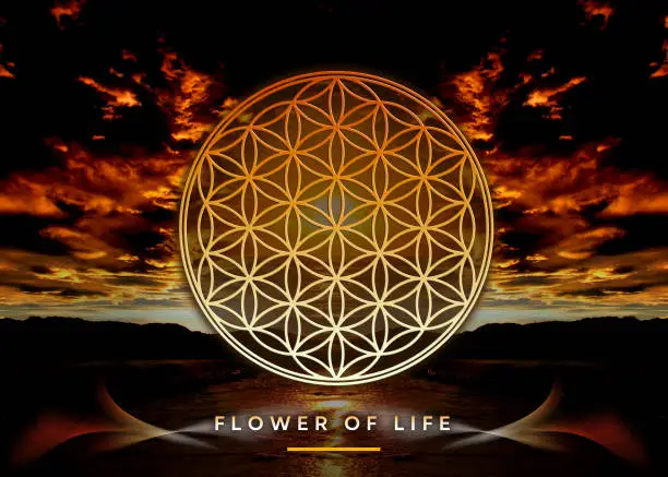 Photo of Poster, Wallpaper with Flower Of Life in beautiful, mystical nature landscape (clouds, ocean)