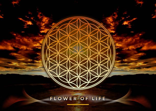 poster, wallpaper with flower of life in beautiful, mystical nature landscape (clouds, ocean) - flower of life imagens e fotografias de stock