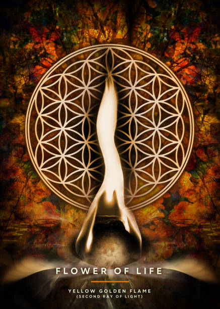 Poster, Wallpaper with Flower Of Life and Yellow Golden Flame of archangel Jophiel (second ray of light) stock photo