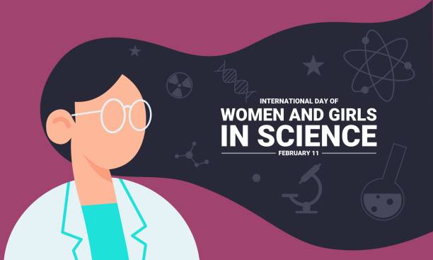 ilustraciones, imágenes clip art, dibujos animados e iconos de stock de día internacional de la mujer y la niña en la ciencia. conjunto de iconos de ciencia. ilustración de una joven científica. ilustración vectorial. - little girls