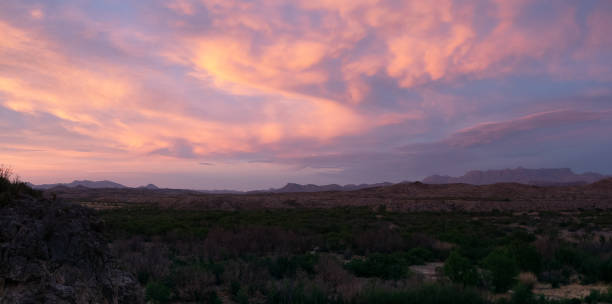 istock Panorama of Valley with Chisos Mountains in Big Bend National Park at Dusk 1368302573