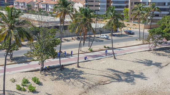 Aerial photo from a drone of workers cleaning a beach and its surroundings. Workers, cleaning tools, roads, sand, benches, palm trees, residential areas, beach, buildings, shadows are observed