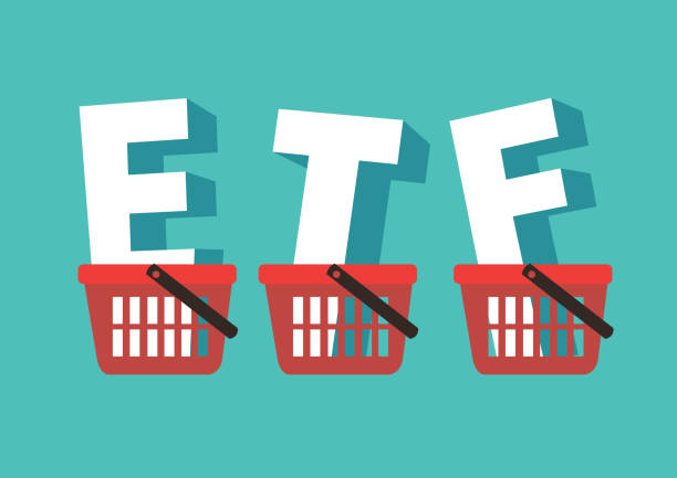 ETFs Exchange Traded Funds words put into baskets. ETFs Exchange Traded Funds words put into baskets. Concept of of ETFs and stock market. Isolated vector illustration. exchange traded fund stock illustrations