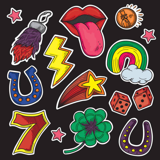 ilustrações de stock, clip art, desenhos animados e ícones de retro 1980s 1990s kids good luck charms sticker set - horseshoe good luck charm cut out luck