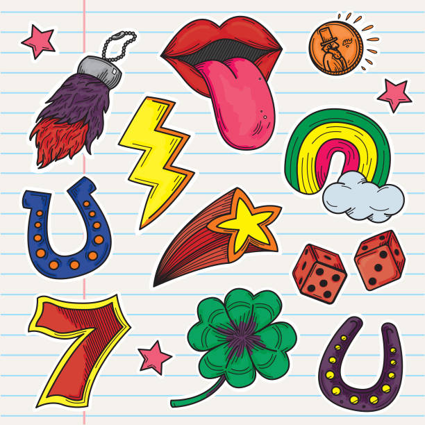 ilustrações de stock, clip art, desenhos animados e ícones de retro 1980s 1990s kids good luck charms sticker set - horseshoe good luck charm cut out luck