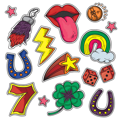Fun and funky retro 80s and 90s kids good luck charms sticker set. Each sticker is separated to colour and line artwork as well as background layers. Global colours, easy to change.