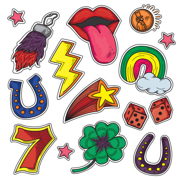 Retro 1980s 1990s Kids Good Luck Charms Sticker Set Fun and funky retro 80s and 90s kids good luck charms sticker set. Each sticker is separated to colour and line artwork as well as background layers. Global colours, easy to change. luck illustrations stock illustrations