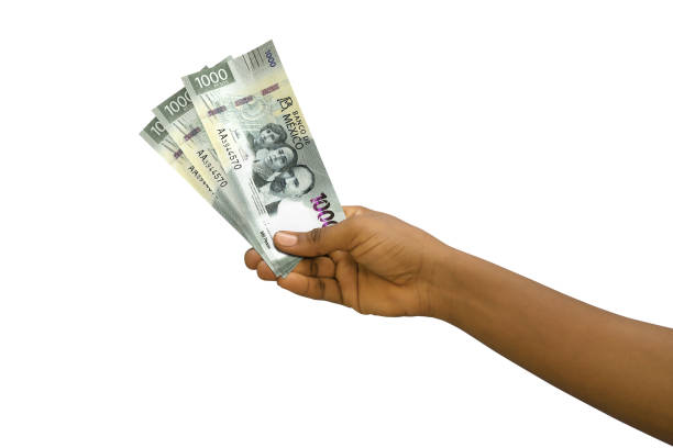 istock Fair hand holding 3D rendered Mexican Peso notes isolated on white background 1368314943