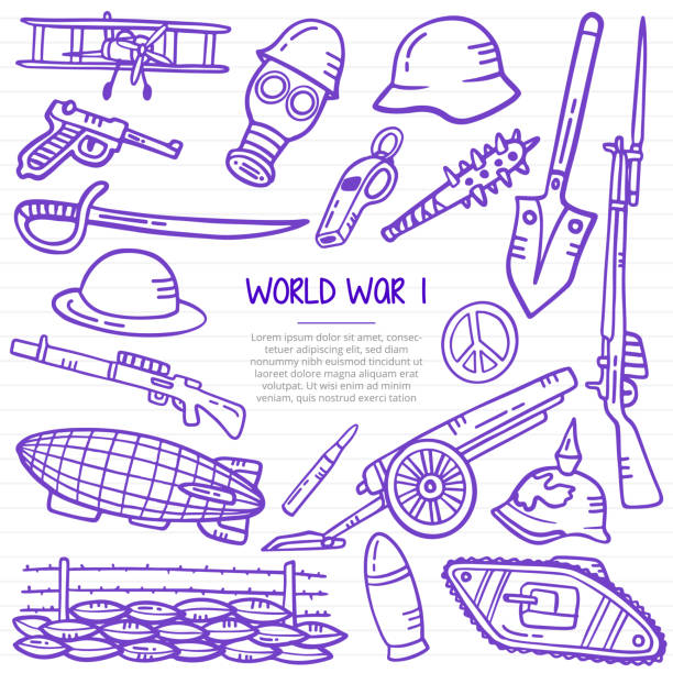 ilustraciones, imágenes clip art, dibujos animados e iconos de stock de concepto de historia de la 1ª guerra mundial con estilo de garabato para plantilla de pancartas, folletos, libros y portadas de revistas - casco militar