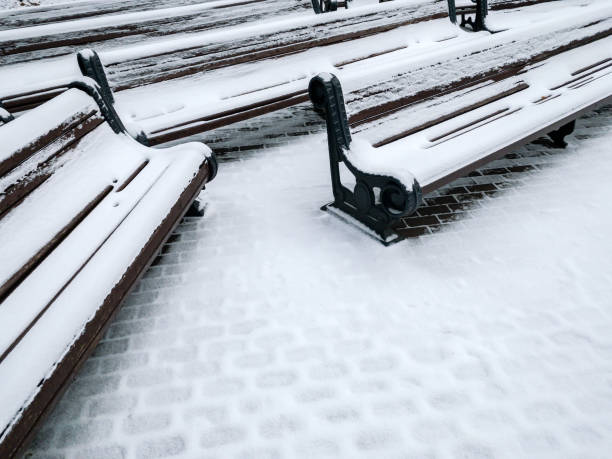 istock snow on benches and footpaths in the park. cold winter day. 1368321348