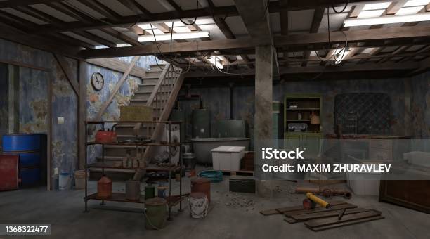 3d Illustration Brick Basement With Unnecessary Obsolete Things Stock Photo - Download Image Now