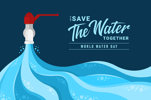 world water day banner- Let's save the water together text and abstract water stream falling from the tap on dark blue background vector design