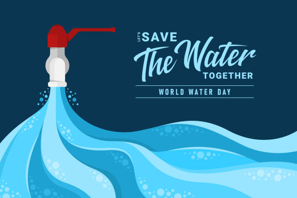 world water day banner- Let's save the water together text and abstract water stream falling from the tap on dark blue background vector design world water day banner- Let's save the water together text and abstract water stream falling from the tap on dark blue background vector design Faucet stock illustrations