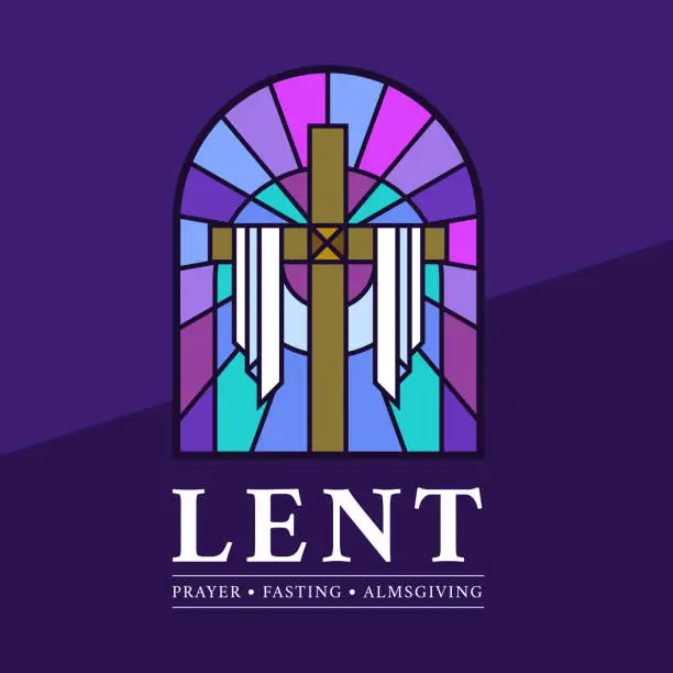 Vector illustration of LENT, prayer, fasting and almsgiving text and Stained Glass Window Cross lent sign on dark purple background vector Design