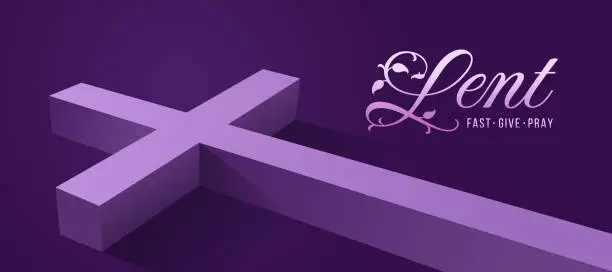 Vector illustration of lent - fast, give and pray text, purple religious cross put on dark purple background vector design