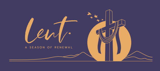 lent, a season of renewal text and gold line lent cross crucifix in circle sunset and bird flying on purple background vector design lent, a season of renewal text and gold line lent cross crucifix in circle sunset and bird flying on purple background vector design holy book stock illustrations