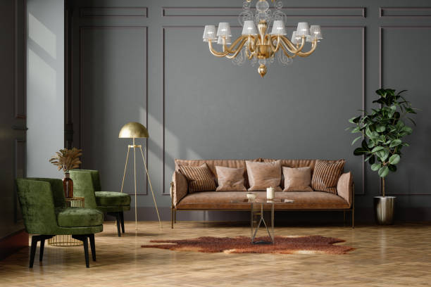 elegant living room interior with green velvet armchairs, brown leather sofa, floor lamp, coffee table and empty wall - armchair sofa leather brown imagens e fotografias de stock