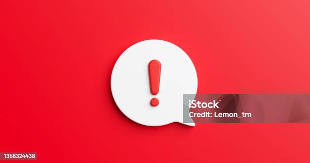 Red Notification Reminder Icon Chat Message Of Attention Alert Alarm Notice Sign Or Flat Design Social Button Important Caution Symbol And Warning Urgent Exclamation Isolated On 3d Danger Background Stock Photo - Download Image Now