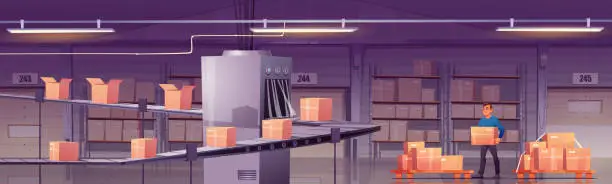 Vector illustration of Worker loading boxes on conveyor belt at factory