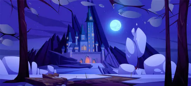 Vector illustration of Road to magic castle at night, fairytale palace