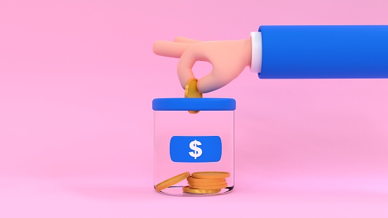 Savings.Cartoon human hand puts a coin into the money box. 3d render illustration