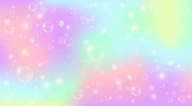 Vector illustration of Pastel rainbow background with soap bubbles. Fantasy neon unicorn pattern. Bright multicolored sky with stars. Vector illustration.