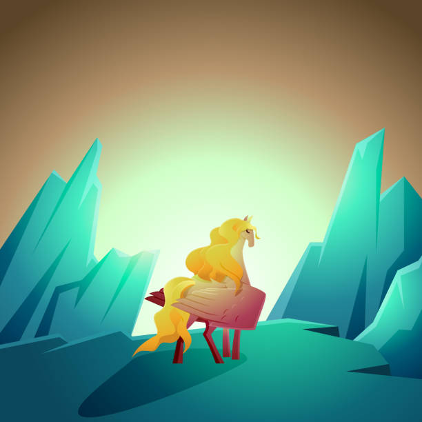 istock Beautiful Pegasus Winged Horse Facing Sunrise on Mountain Cliff Epic Illustration 1368329392