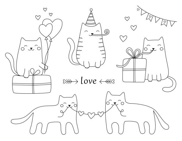 Cute cats celebrate Valentine's Day or Birthday. Funny kittens with gifts, balloons, hearts, party horn blower. Cats in love. Festive children's coloring book. Hand drawn vector illustration in cartoon doodle style. Isolated on a white background. Cute cats celebrate Valentine's Day or Birthday. Funny kittens with gifts, balloons, hearts, party horn blower. Cats in love. Festive children's coloring book. Hand drawn vector illustration in cartoon doodle style. Isolated on a white background happy valentines day book stock illustrations