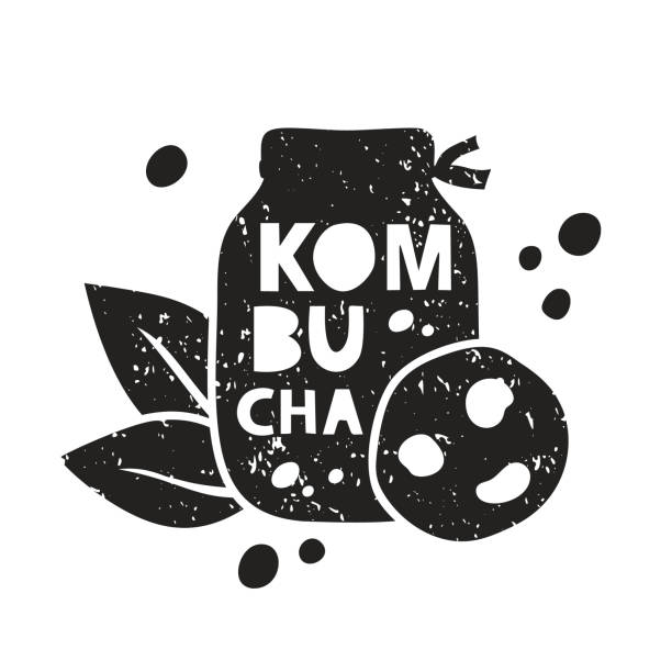 Kombucha, grunge sticker. Black texture silhouette with lettering inside Kombucha, grunge sticker. Black texture silhouette with lettering inside. Imitation of stamp, print with scuffs. Hand drawn isolated illustration on white background kombucha jar stock illustrations