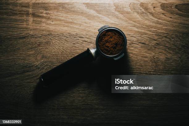 Fresh Grounded Coffee Ready To Brew With Portafilter Stock Photo - Download Image Now
