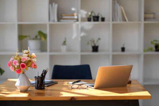 istock A modern office workplace interior with wooden office desk 1368334785