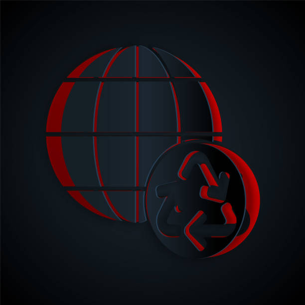 istock Paper cut Planet earth and a recycling icon isolated on black background. Environmental concept. Paper art style. Vector 1368335154