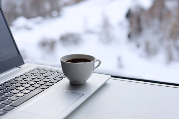 laptop com xícara de café em uma mesa contra a janela, vista para o parque de inverno - heat snow urban scene creativity - fotografias e filmes do acervo