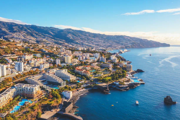 Funchal bay Madeira Island Portugal Aerial view stock photo