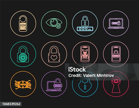 istock Set line Keyhole with eye, Mobile and password, Password protection, Padlock heart, Safe combination wheel, Please do not disturb, face recognition and Invisible hide icon. Vector 1368339262