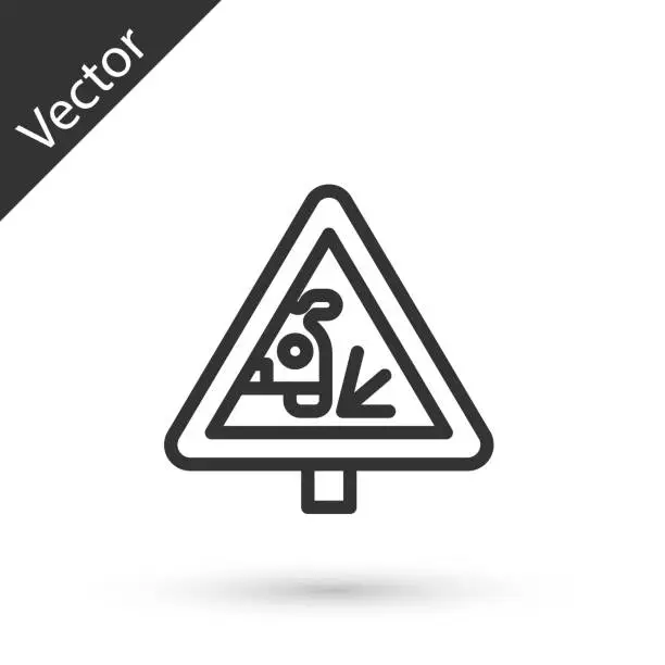 Vector illustration of Grey line Warning road sign throwing stone materials icon isolated on white background. Traffic rules and safe driving. Vector