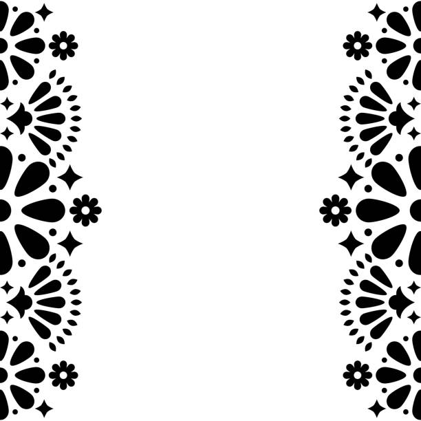 meksykańskie zaproszenie na ślub lub imprezę, kartka z życzeniami, czarno-biały projekt ramki z kwiatami i abstrakcyjnymi kształtami - cinco de mayo stock illustrations