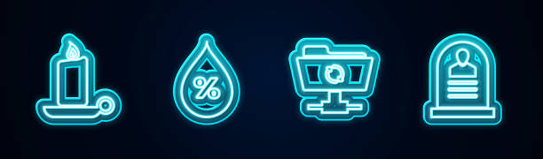 Set line Burning candle in candlestick, Water drop percentage, FTP sync refresh and Tombstone with RIP written. Glowing neon icon. Vector Set line Burning candle in candlestick, Water drop percentage, FTP sync refresh and Tombstone with RIP written. Glowing neon icon. Vector. heat transfer fluid stock illustrations