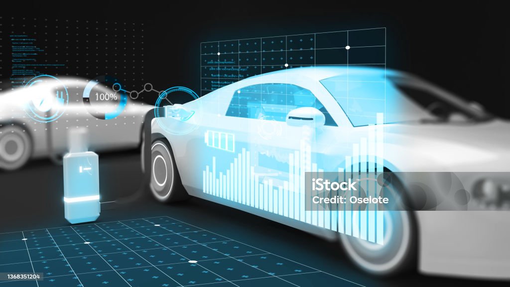 The technology screen shows the charging results and the electric vehicle system.,alternative energy concept smart car battery charger EV charging station,3d rendering Electric Vehicle Stock Photo