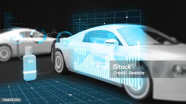 The Technology Screen Shows The Charging Results And The Electric Vehicle Systemalternative Energy Concept Smart Car Battery Charger Ev Charging Station3d Rendering Stock Photo - Download Image Now
