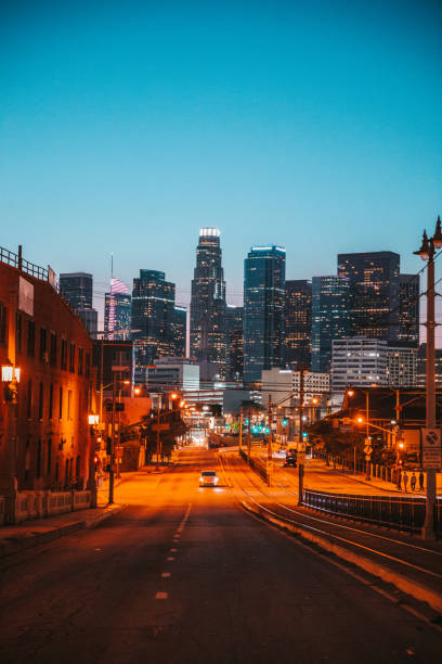 Night in Los Angeles downtown skyscrapers on the background.