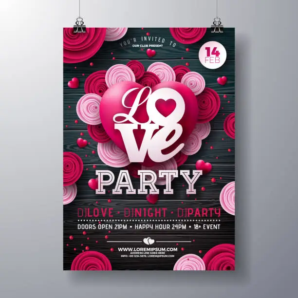 Vector illustration of Vector Valentines Day Party Flyer Design with Rose Flower, Red Heart and Bow on Vintage Wood Background. Vector Saint Valentine Day Romantic Love Celebration Design for Flyer, Greeting Card, Banner, Holiday Poster or Party Invitation.