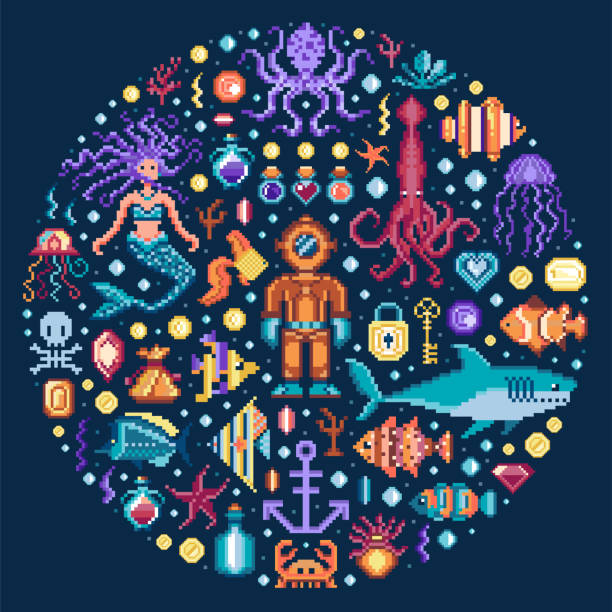 illustrations, cliparts, dessins animés et icônes de pixel art underwater adventure 8 bits imprimer - deep sea diving illustrations