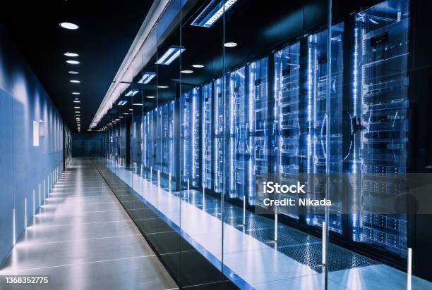 Data Center In Server Room With Server Racks Stock Photo - Download Image Now - Server Room, Data Center, Network Server