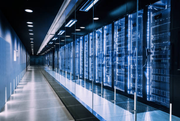 data center in server room with server racks - data center imagens e fotografias de stock