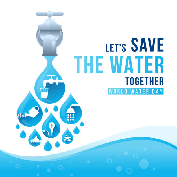 weltwassertag banner - let's save the water together text and blue drops water with white icons about the topic of water falling from the tap vector design - falling water stock-grafiken, -clipart, -cartoons und -symbole