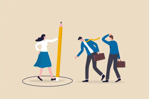 Vector illustration of Personal space, privacy or work boundary to limit access and protect from people, introvert or safe zone concept, businesswoman using pencil to draw personal space circle to protect from coworkers.